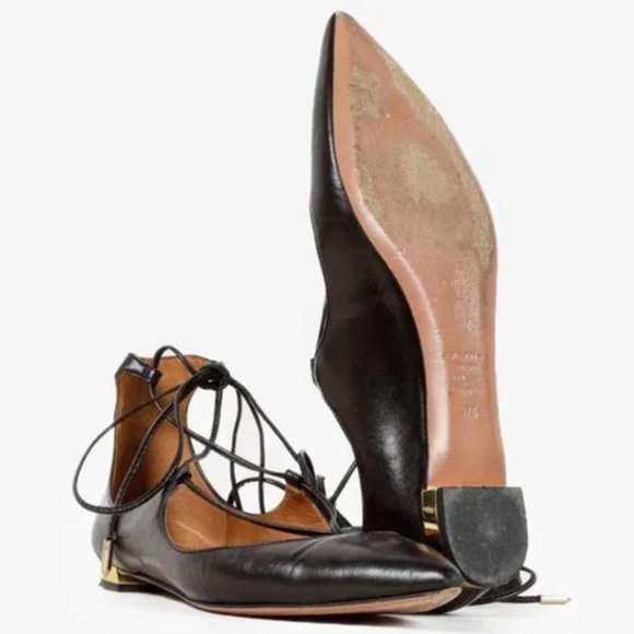Aquazurra Christie Black Pointed Toe Leather Lace-Up Flats - Picture 4 of 10